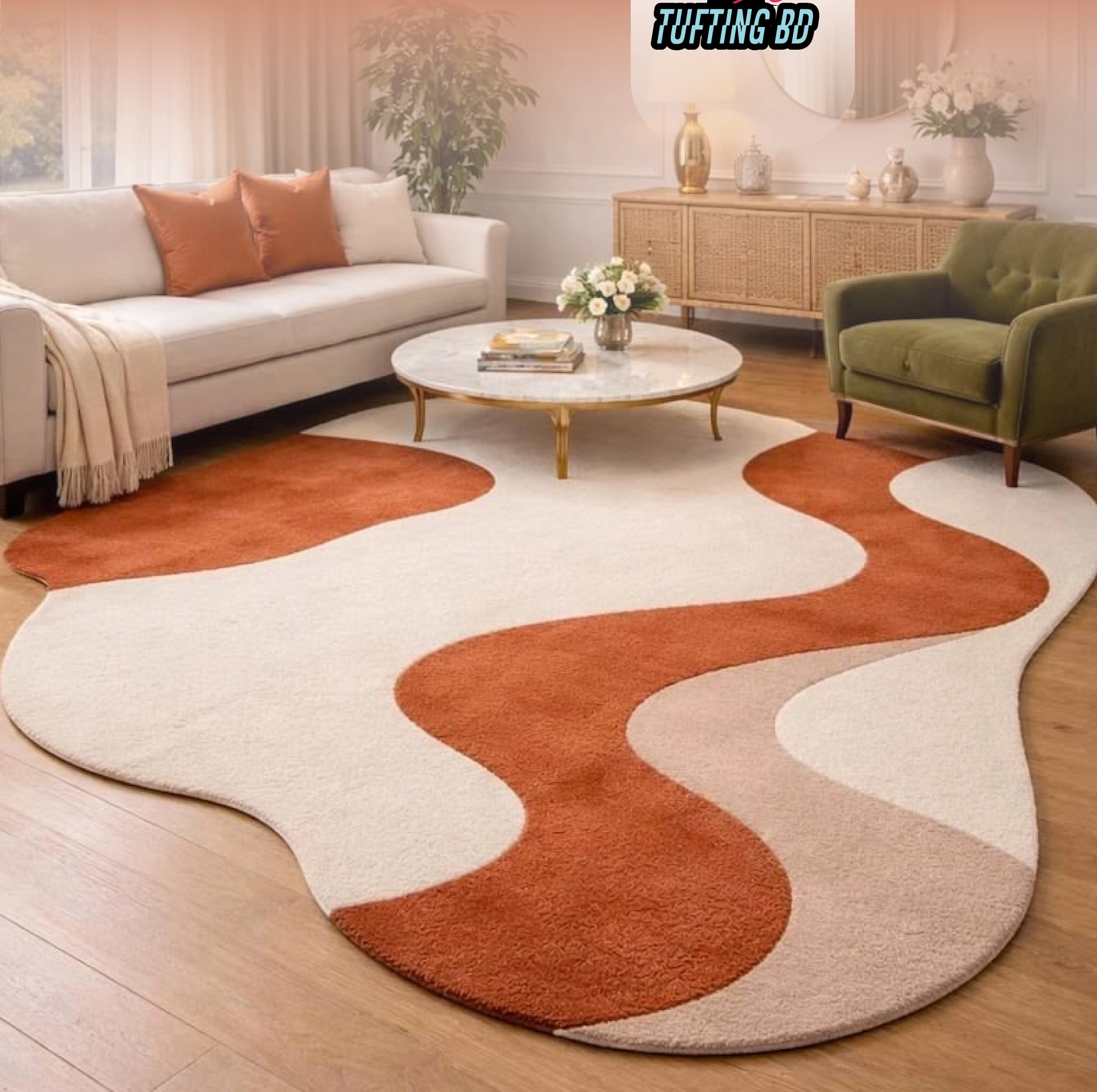 Modern Abstract Irregular Wave Tufted Area Rug - Terracotta & Beige
