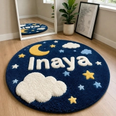 Custom Personalized Name Round Kids Rug – Moon & Stars Tufted Nursery Mat