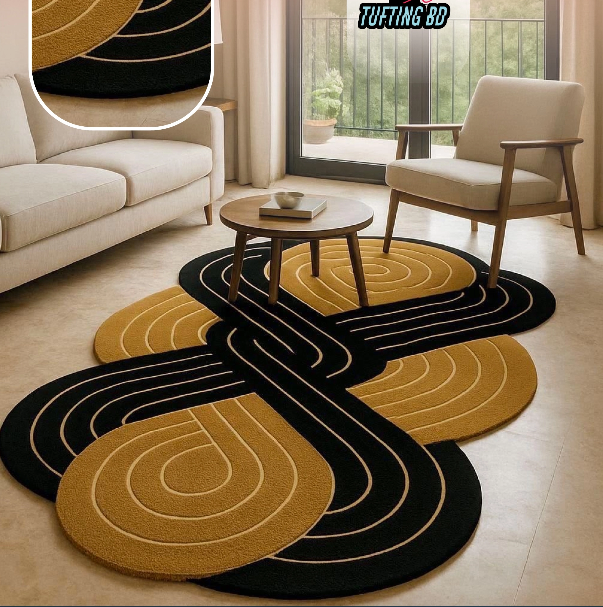 ​Modern Abstract Interlocking Geometric Tufted Area Rug – Black & Mustard Gold