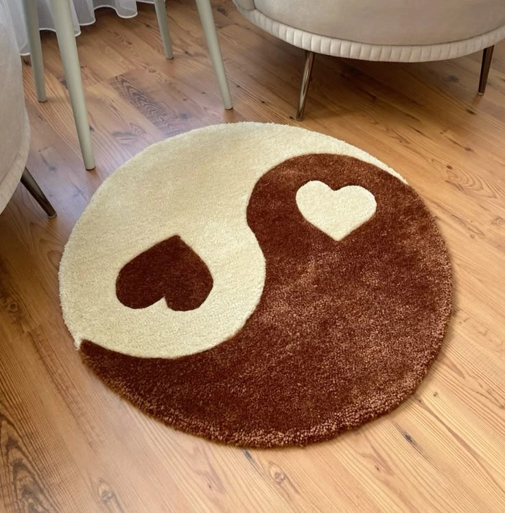 Heart Yin Yang Tufted Plush Round Rug (Beige & Brown)