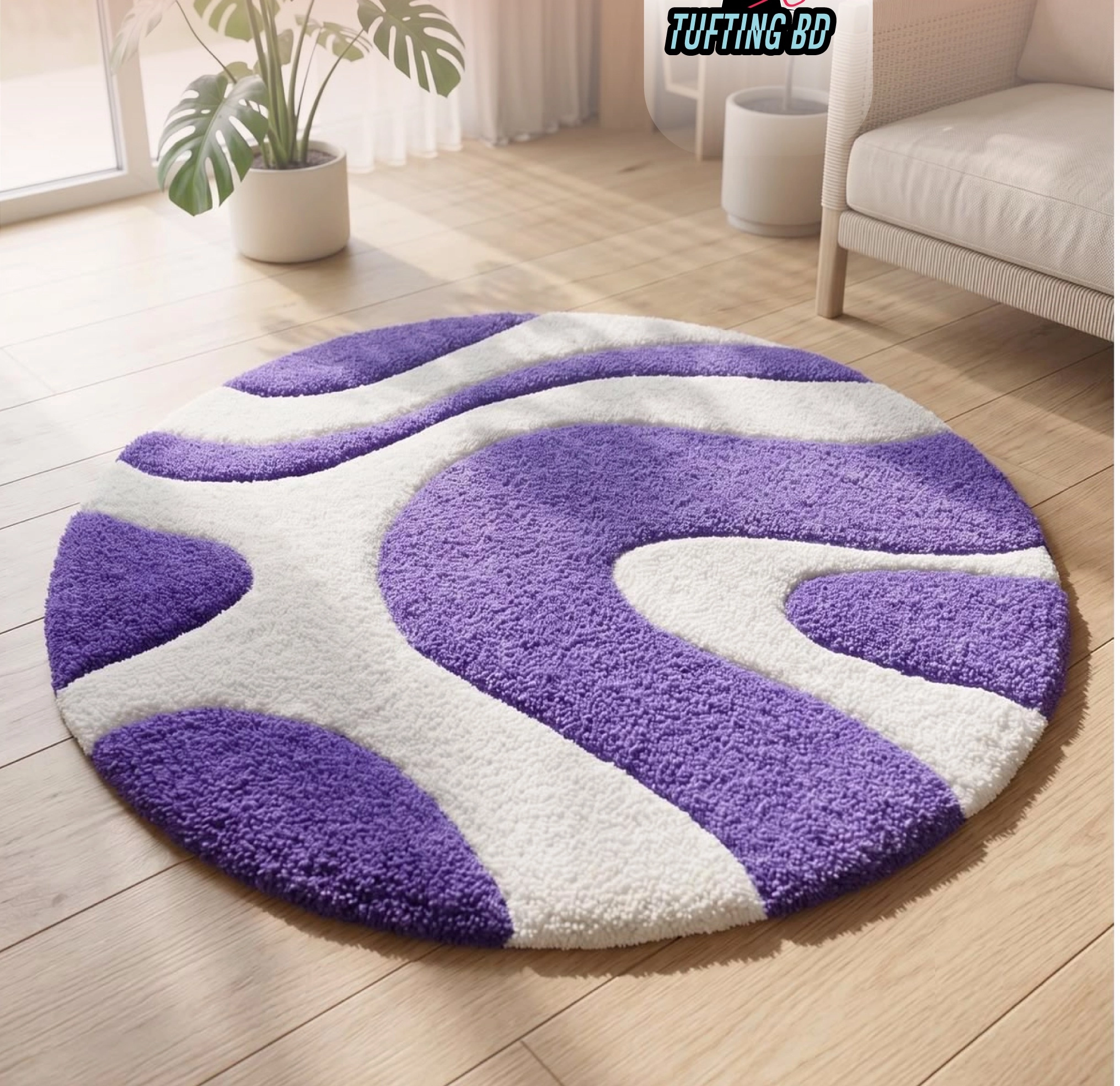 Premium Hand Tufted Round Swirl Rug - Purple & White Abstract Area Carpet